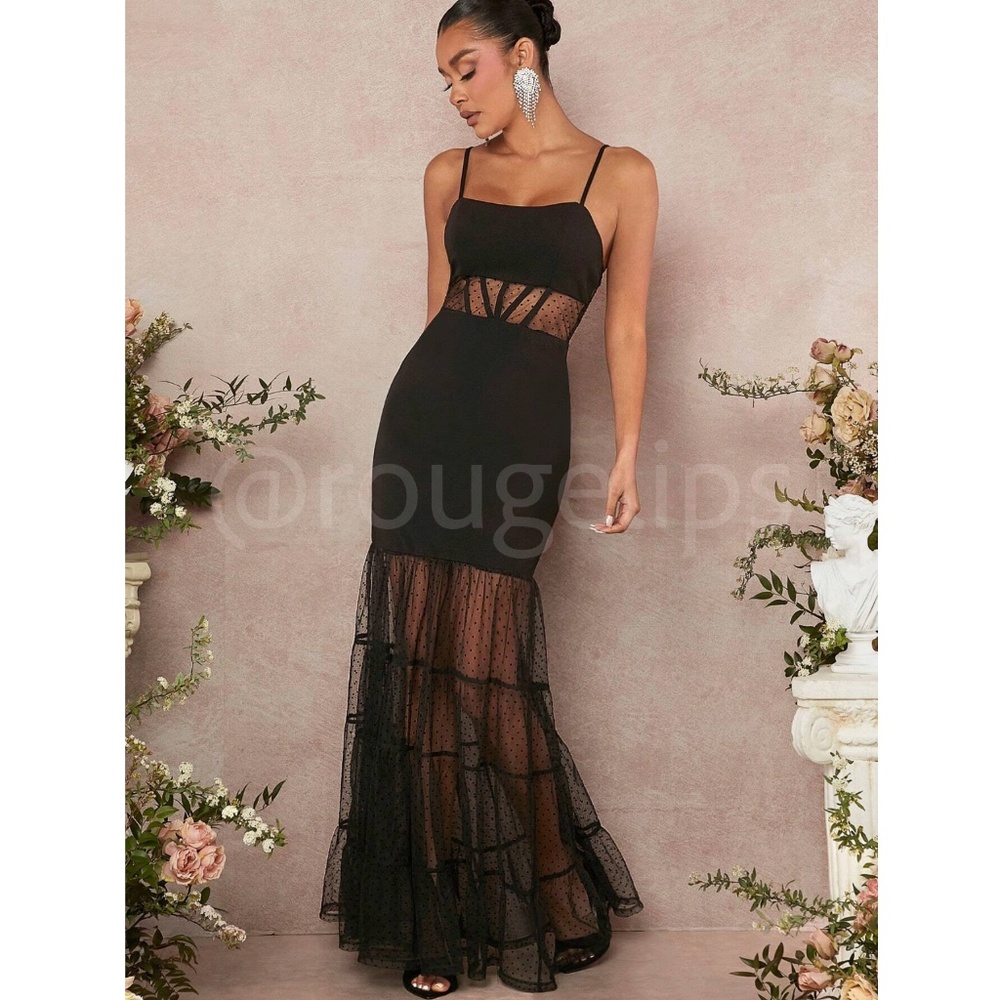 Black Lace Maxi Dress Sheer Details Flared Mermaid Skirt - Picture 7 of 8